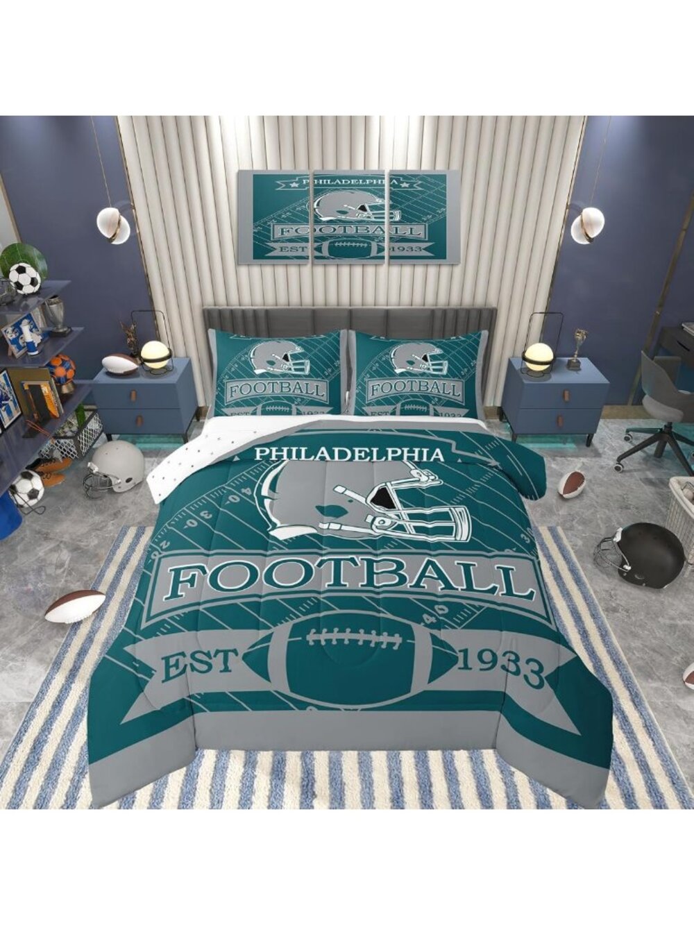 Kids Football Bedding Set Queen Size - Sports Comforter for Boys & Girls Room